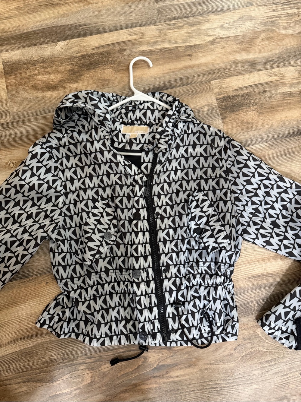 MICHAEL Michael Kors Black and White MK Logo Hooded Raincoat